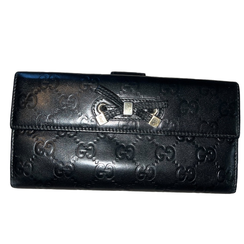 GUCCI Authentic Rare Black Long Wallet Guccisima With Bow.
